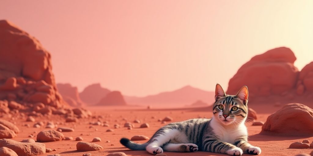 Cat on Mars with red rocks and pink sky.