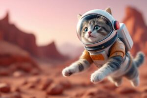 Cat in a space helmet on Mars, looking curious.