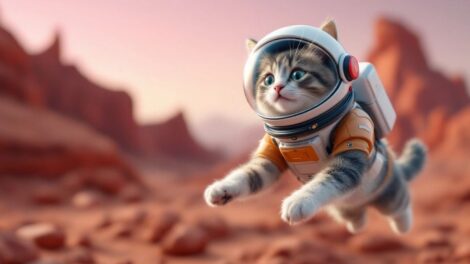 Cat in a space helmet on Mars, looking curious.
