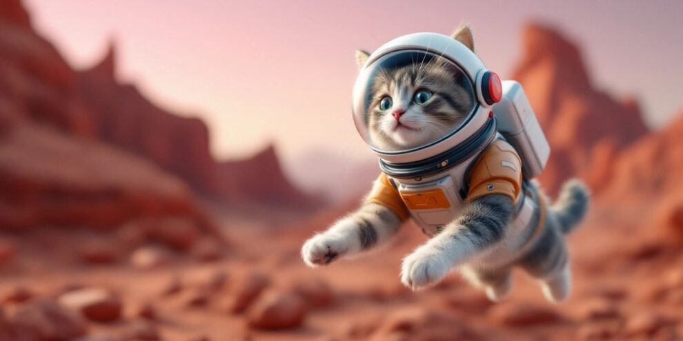 Cat in a space helmet on Mars, looking curious.
