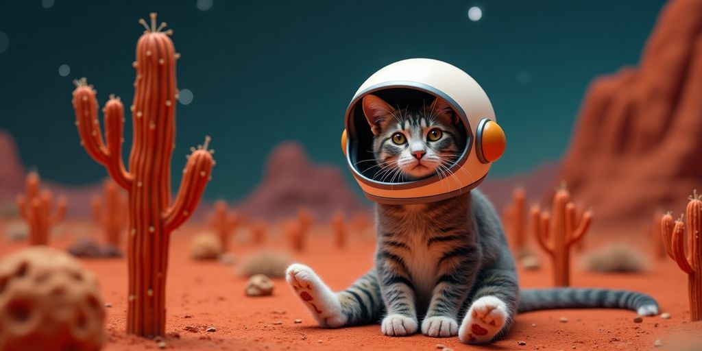 Cat in space helmet on Mars with alien plants.